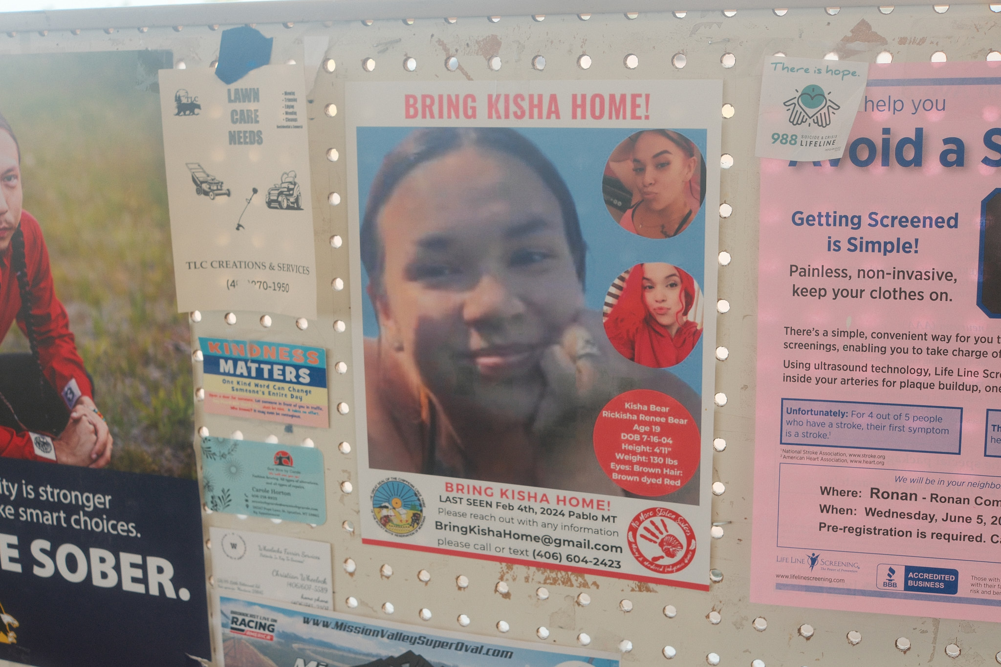 A missing person’s flyer of Rickisha Bear with the title Bring Kisha Home in capital letters at the top. The flier reads, Bring Kisha Home! Last seen Feb. 4th 2024, Pablo MT. Please reach out with any information bringkishahome@gmail.com. Please call or text (406) 604-2423.