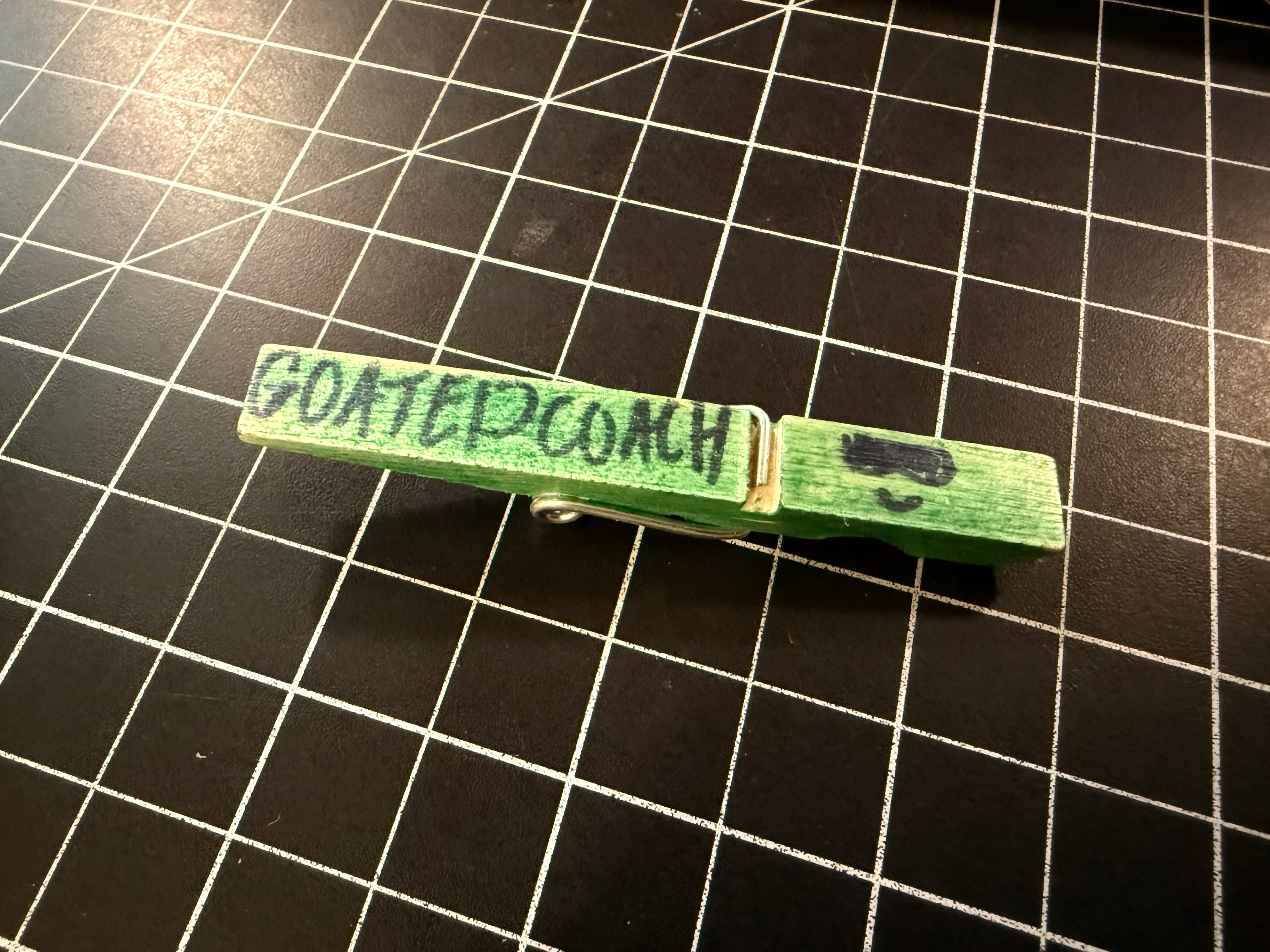 Half of a clothespin colored in green with the phrase "GOATED COACH" handwritten in big block letters.