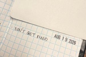 A page from a notebook with "DON'T GET FIRED" written in all cap letters under the date header "AUG 19 2026"